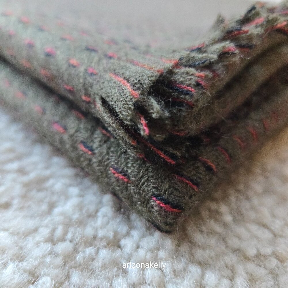 NWOT Cashmere Woven Scarf Olive Green With Black + Orange Weave Detail - Picture 14 of 16
